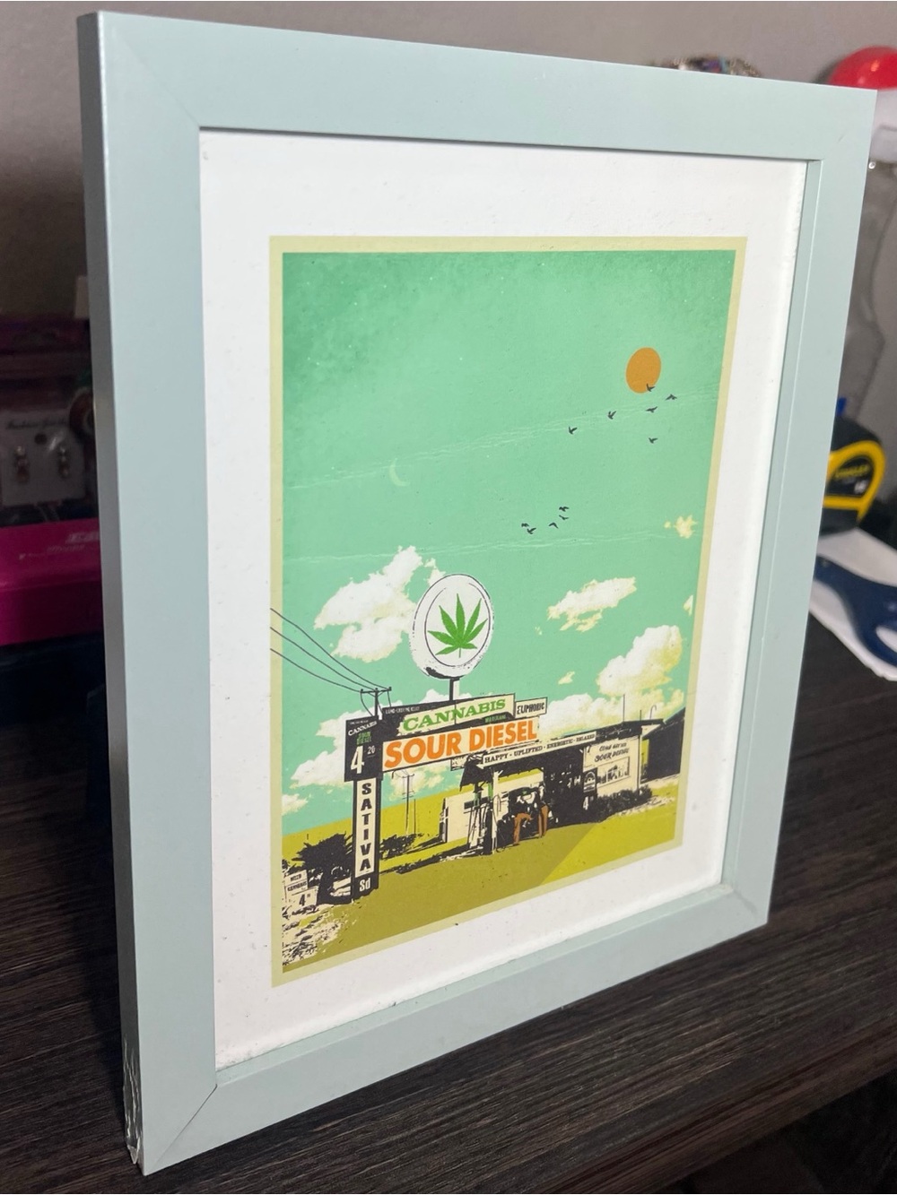 “Sour Diesel” Vintage Gas Station Green Framed Cannabis Pop Art Print Home Decor